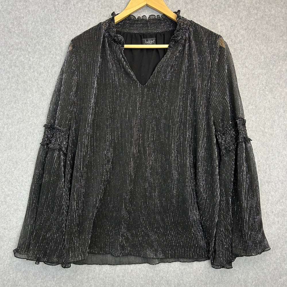Belldini Blouse Black Silver Metallic Lurex Smocked Bell Sleeve Top Size Medium